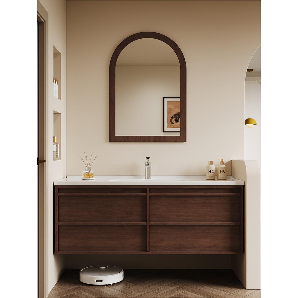 中世纪风格实木浴室柜组合陶瓷面盆一体化面盆浴室面盆1m胡桃木色