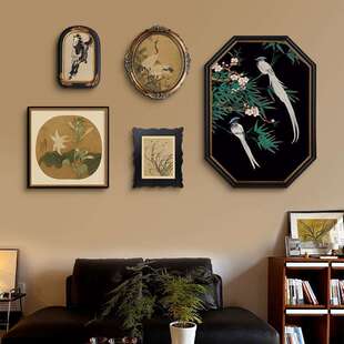 中国风客厅组合装饰画新中式玄关斗柜卧室中古风沙发背景花鸟挂画