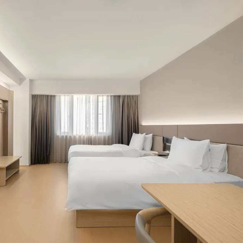 现代中式酒店家具 快捷酒店标准间客房床 实木颗粒烤漆板双人床