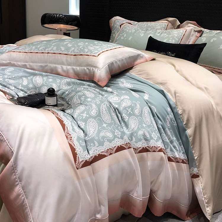 1欧式印花高级感裸睡床单被套120支天丝棉四件套印花复古床上用品