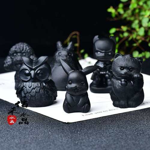 凤呈祥 天然黑曜石卡通动漫摆件原石雕刻公仔家居摆设孩子礼物