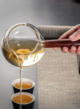 玻璃公道杯耐热侧把木把日式锤目纹纯手工公杯茶海分茶器均杯茶具