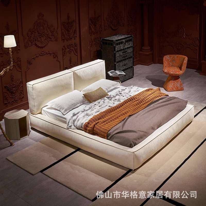 科莫歌意大利双人皮床全真皮简约现代主卧意式极简豆腐块落地大床
