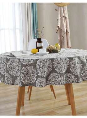 北欧涤棉圆形餐桌布 灰色复古花棉麻印花桌布台布布艺 盖巾
