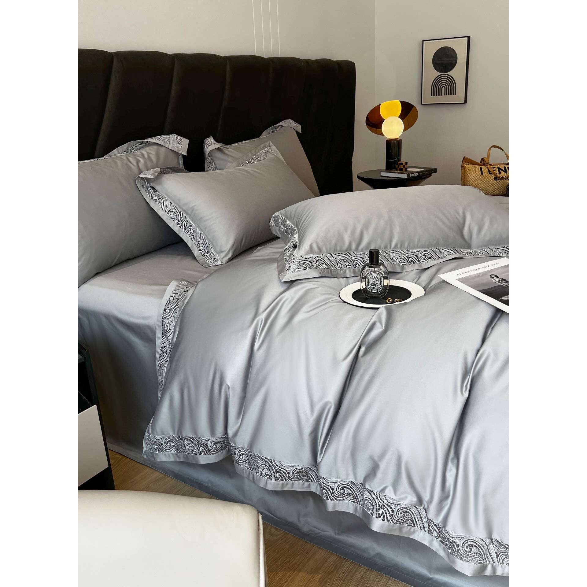 欧式镂空花边四件套160s纯棉贡缎纯色轻奢被套丝滑裸睡床笠款