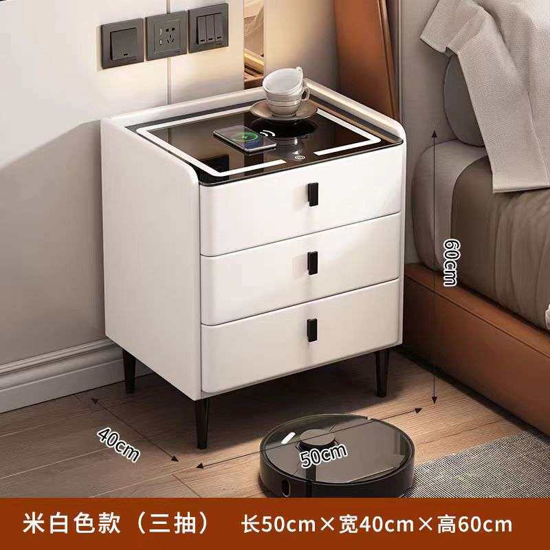 简约智能床头柜卧室多功能无线充电蓝牙音响指纹锁实木床边柜家用
