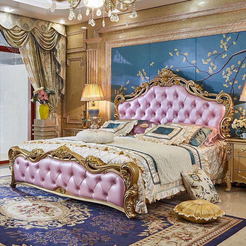欧式床香槟金 主卧双人床雕花皮床1.5m1.8米公主婚床 工程民宿