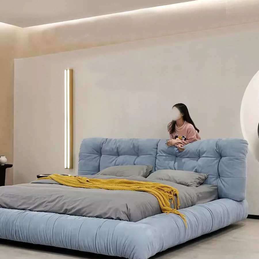 佛山家具云朵床意式极简床科技布床双人侘寂床布艺床现代简约蓝色