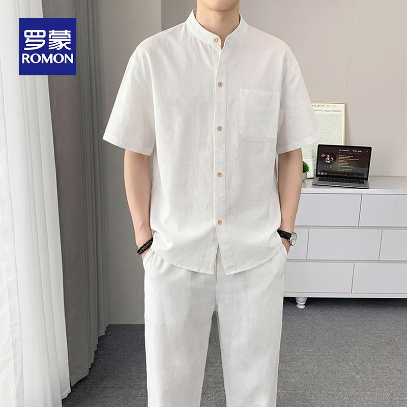 罗蒙男士夏季薄款透气短袖套装中国风立领衬衫纯色休闲长裤两件套