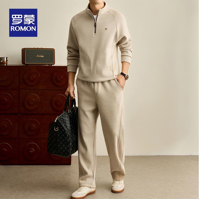 罗蒙男士羊绒运动休闲套装秋季半拉链立领卫衣搭直筒长裤两件套男