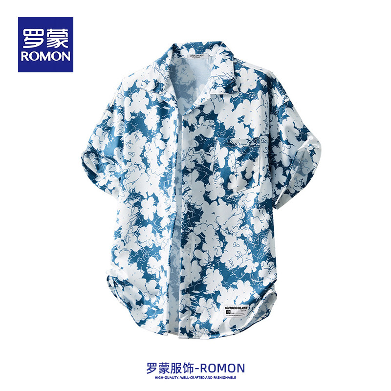 罗蒙男士夏威夷花衬衫夏季薄款透气海边度假休闲撞色翻领短袖衬衣