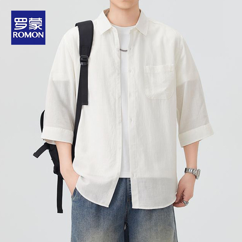 罗蒙男士天丝翻领衬衫夏季宽松薄款透气宽松休闲七分袖防晒衬衣男
