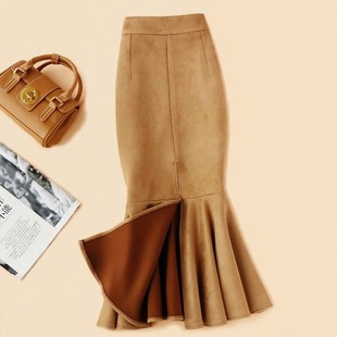 白色鱼尾半身裙女秋冬包臀中长款高腰冬季裙子麂皮绒包裙米色长裙