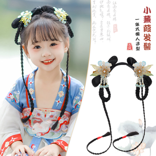 儿童汉服假发头饰女古装一体式懒人垫发包蝴蝶结造型古风发髻发饰