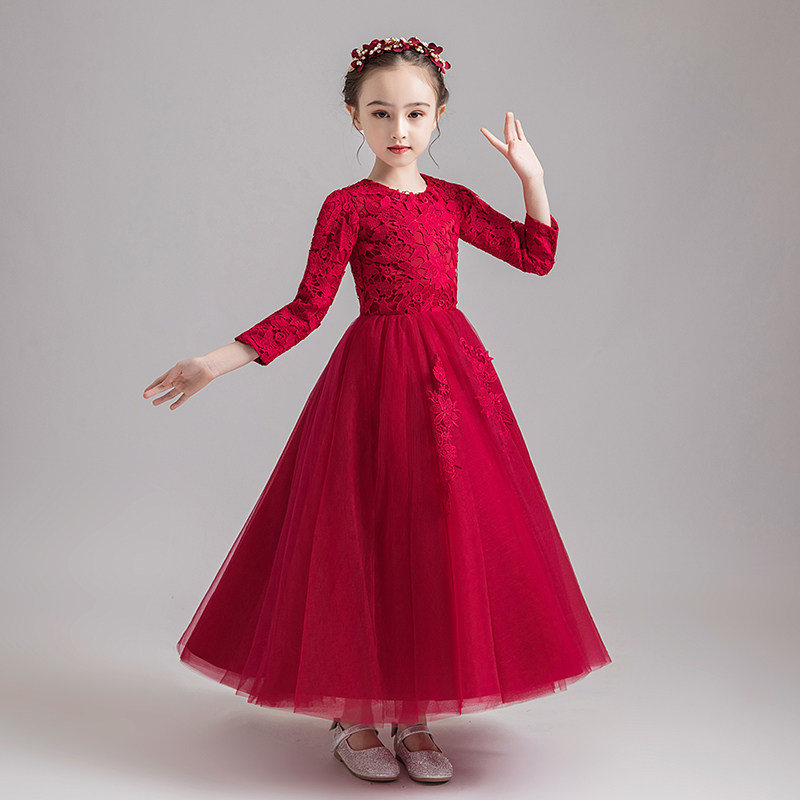 女童晚礼服公主裙蓬蓬纱长袖钢琴演出服洋气小女孩宝宝婚纱高端冬