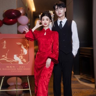 红色冬季倒大袖新中式敬酒服旗袍改良新娘结婚订婚回门出阁宴礼服