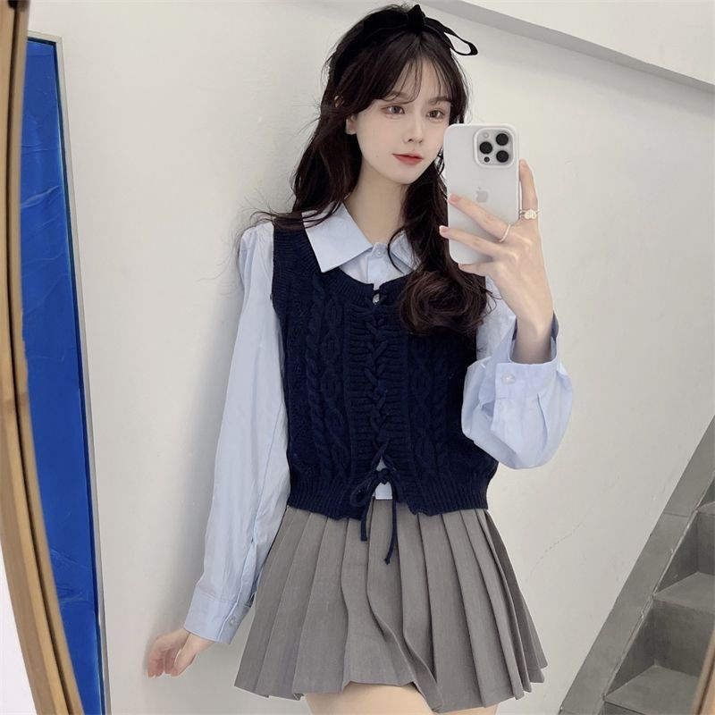 复古麻花毛衣马甲衬衫两件套女秋冬季外搭叠穿针织小背心短款上衣