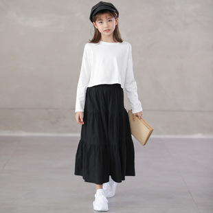 女童黑色蛋糕半身裙中长款2024春夏中大童甜美a字拼接大裙摆长裙