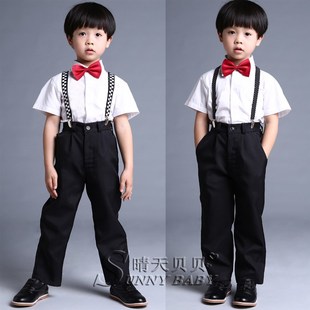 黑色长裤 男童表演套装 白色衬衫 短袖 蝴蝶领结花童礼服 儿童背带西裤