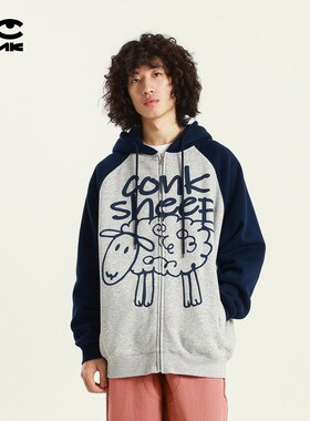 conklab 可可羊撞色插肩袖拉链帽衫男秋冬加绒加厚情侣卫衣外套潮