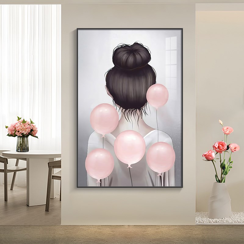 粉色气球女孩卧室装饰画温馨儿童房床头壁画晶瓷镶钻人物玄关挂画图片