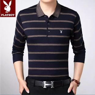 中年男士 秋衣中老年人爸爸装 长袖 50宽松带领纯棉薄款 土 t恤40 秋季