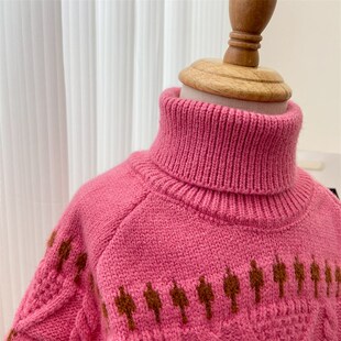 女童毛衣2024新款柔软洋气时髦高领针织衫上衣粉色冬季保暖打底衫