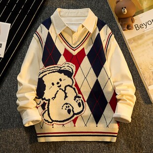 男童衬衫领假两件毛衣儿童秋冬2025新款纯棉针织衫卡通洋气中大童