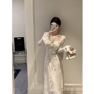 大码胖mm禅意新中式加绒加厚收腰白色蕾丝连衣裙女秋冬气质长裙子