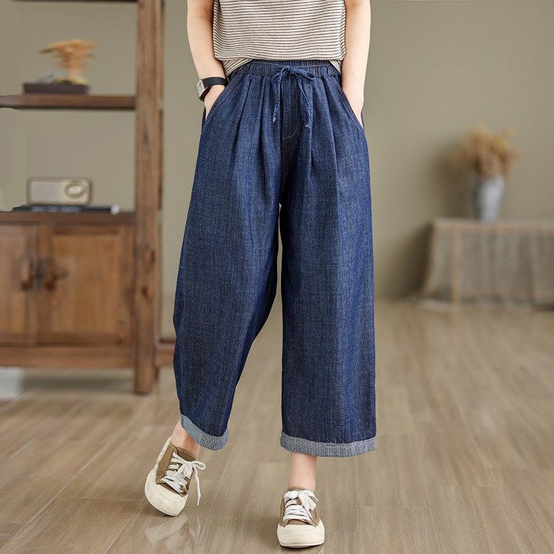 女大童牛仔阔腿裤夏季薄款休闲裤初中小学生高中生宽松8分直筒裤