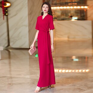 红色连衣裙2024夏季款修身显瘦气质V领高端精致超长裙到脚踝1873