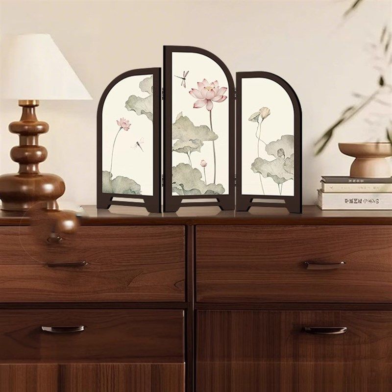 新中式小屏风桌面l摆件复古国风荷花装饰画茶室家居玄关柜斗柜摆,家居饰品,装饰摆件,淘宝优惠券,粉丝福利购,淘宝优惠卷