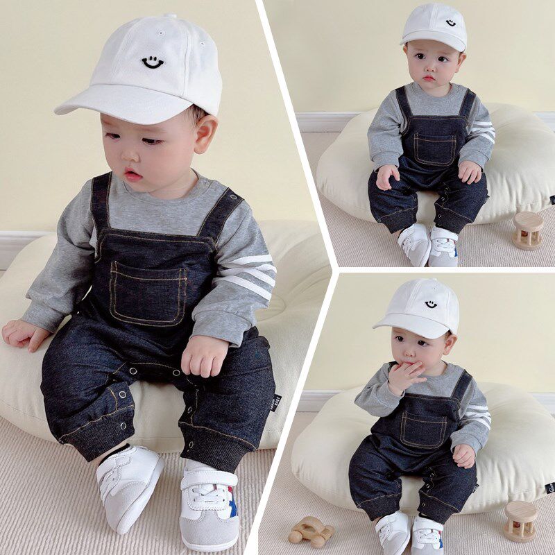 网红新生婴儿儿连体哈衣超洋气宝宝条纹假两件爬服小童冬装抱衣潮