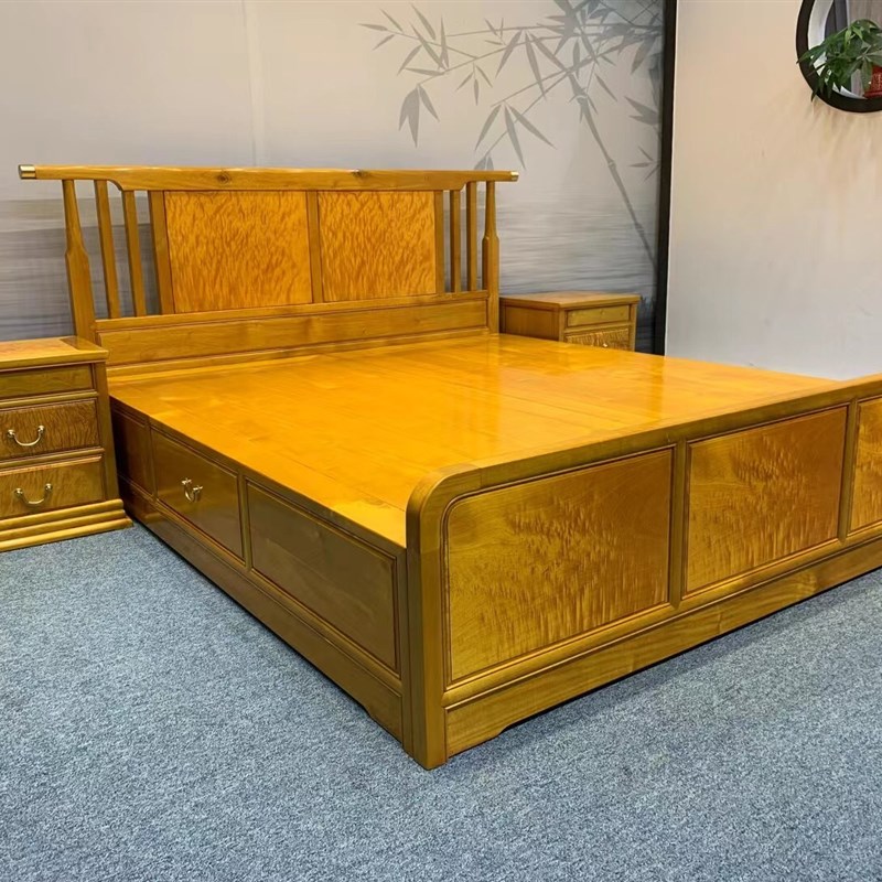 金丝楠木家具高低双人床架子床小叶桢楠古典中式主卧红木婚床新款