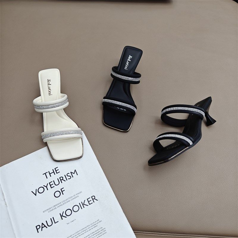 法式高级感水钻一字拖鞋女2025夏季仙女风外穿时尚方头高跟凉拖鞋