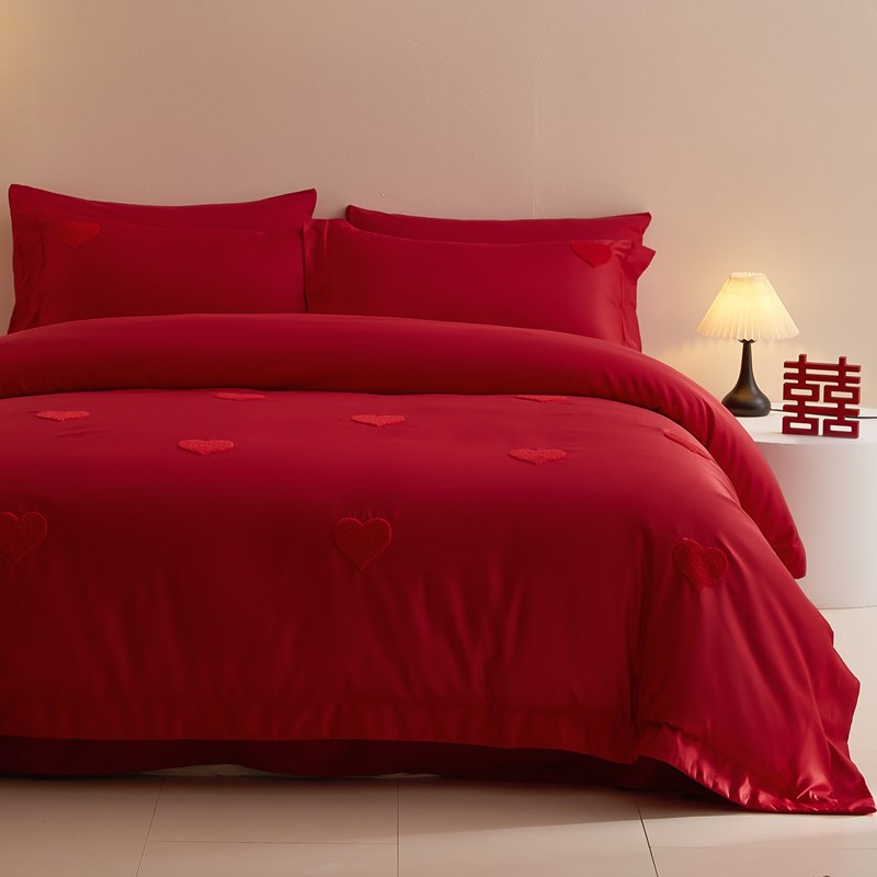 高级感简约爱心婚庆四件套红色被套新婚喜被喜庆结婚床上用品陪嫁