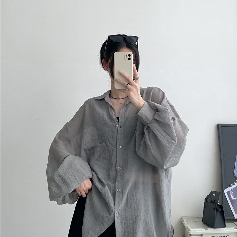 sun柚 外穿晚j风朦胧感高光微透衬衣灯笼袖慵懒随意宽松防晒衬衫