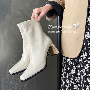 韩版方头弹力靴短靴女春秋单靴冬季高跟鞋粗跟侧拉链黑色白色棕色