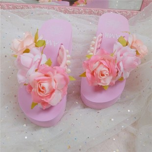 海边度假手工花朵珍珠沙滩鞋 女夏坡跟夹脚人字拖防滑厚底凉拖 拖鞋