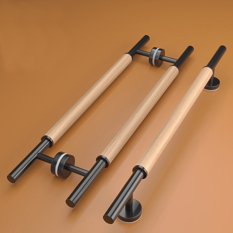 定制不锈钢金色有框玻璃大门实木拉手饭店包间实木大门黑色圆把手