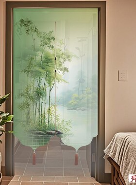 定制绿色竹子图案半截布艺门帘隔断帘半遮光免打孔卧室厨房卫生间