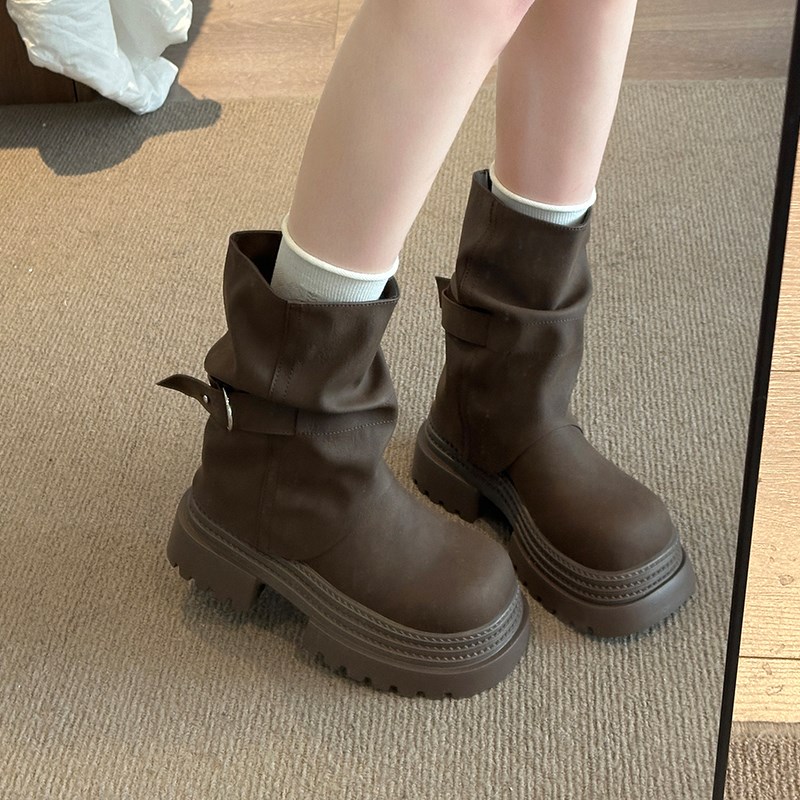 小个子厚底马丁靴女英伦风2025新款夏季靴子超火棕色裤管堆堆短靴