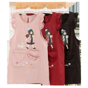 韩版布艺刺绣布贴防泼水围裙女款荷叶边大口袋家居马甲围兜卡通