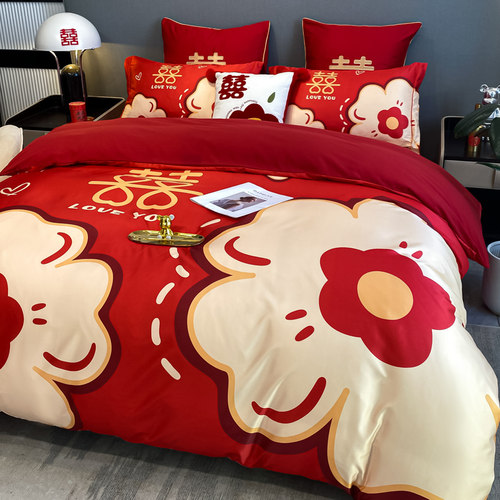 结婚四件式床组高颜值婚房床上用品大红色新婚礼婚房布置男方新房