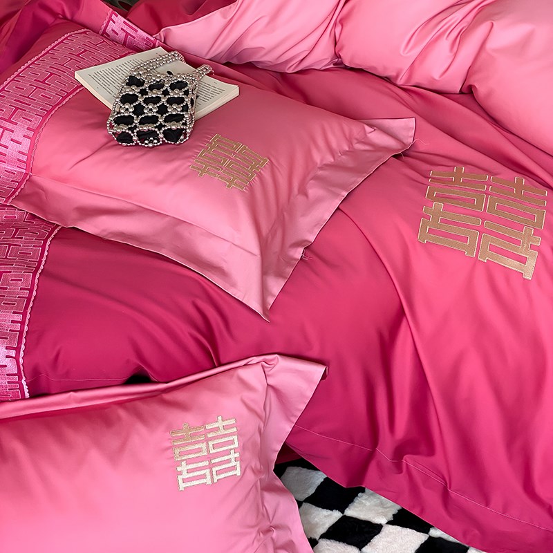 渐变色喜字婚庆四件套120S长绒棉纯棉被套红色陪嫁结婚用床上用品