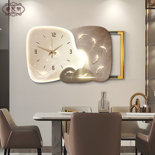 时来运转电表箱装饰画带钟表遮挡配电箱盒挂画九鱼图挂钟餐厅壁画