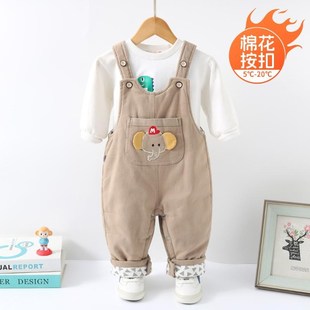 宝宝背带棉花棉裤秋冬夹棉按扣开裆男童J儿童女婴儿背带裤冬季加