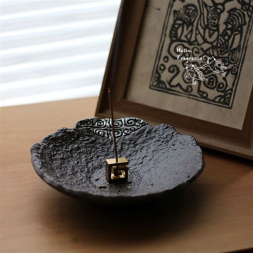 猫生衔蝉流云中式回云纹香皿线香香座侘寂风香插家居室内摆件粗陶