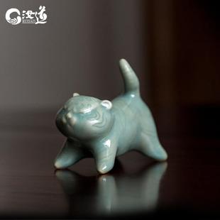 汝窑官窑老虎茶宠摆件小号精品汝道汝瓷可养开片可爱生肖寅虎茶玩