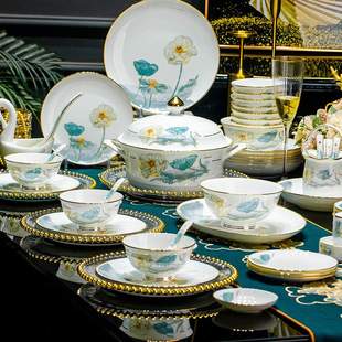 景德镇陶瓷碗碟套装 家用轻奢餐具骨瓷高颜值碗盘碗筷高档盘子全套